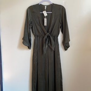 NWT I Love irredentist olive green satin bell sleeve cropped pant jumpsuit sm